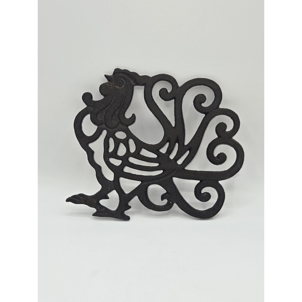 Vintage Cast Iron Rooster Trivet Black Scrollwork Chicken Hot Plate Wall Decor